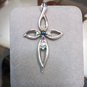 Elegant Silver Cross Pendant with Multicolor Gems
